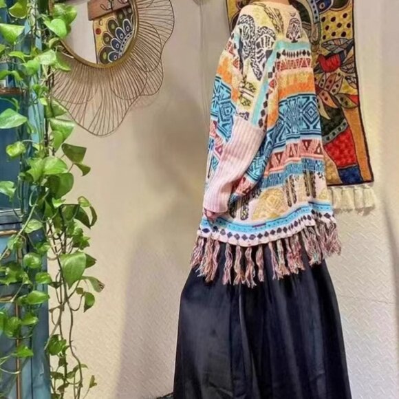 Sweater Bohemian lady artsy fringe vintage top Nordic knit - Picture 4 of 5